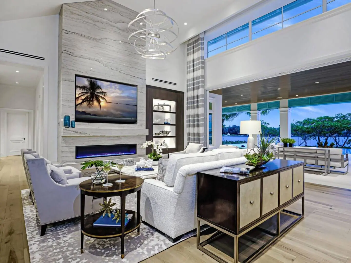 A living room with a couch and fireplace