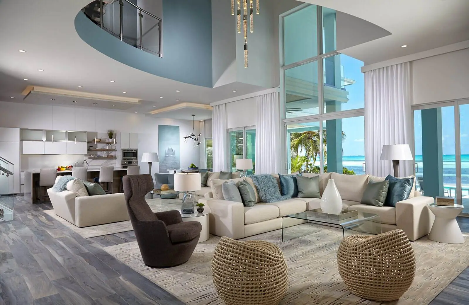 A living room with a large couch and chairs