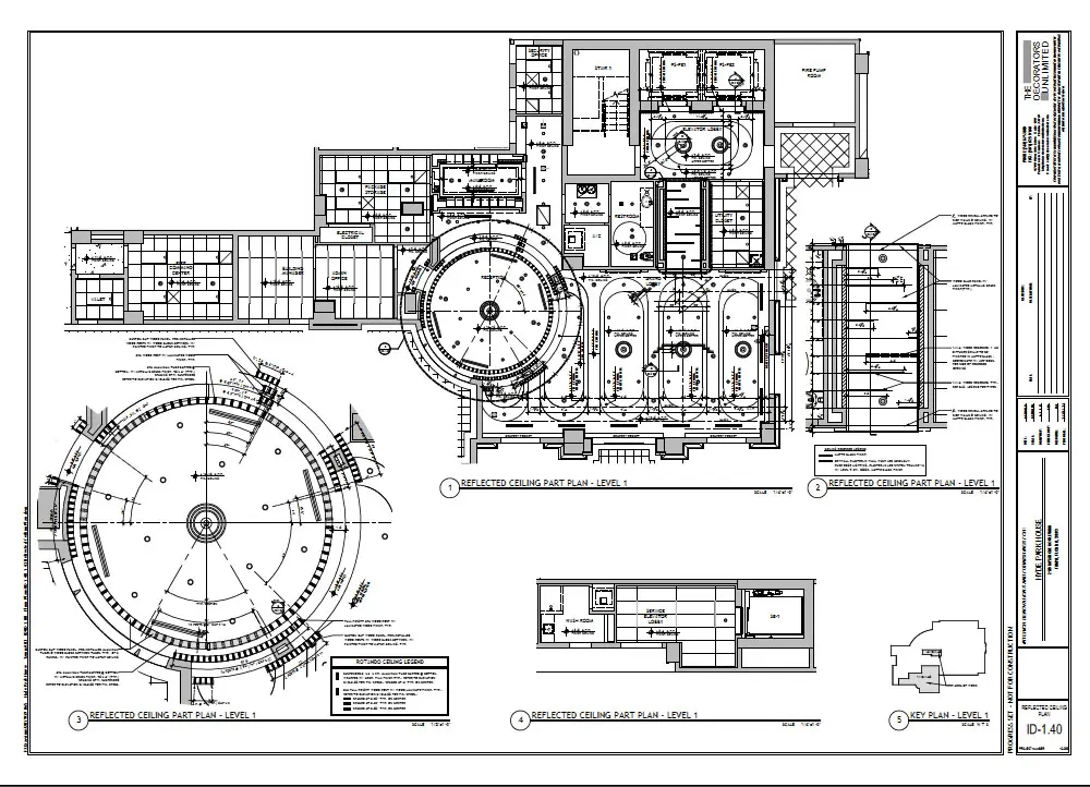Architectural drawing showing detailed floor plans, elevations, and ceiling layouts for a multi-room building, including circular and rectangular sections with annotated measurements and notes.