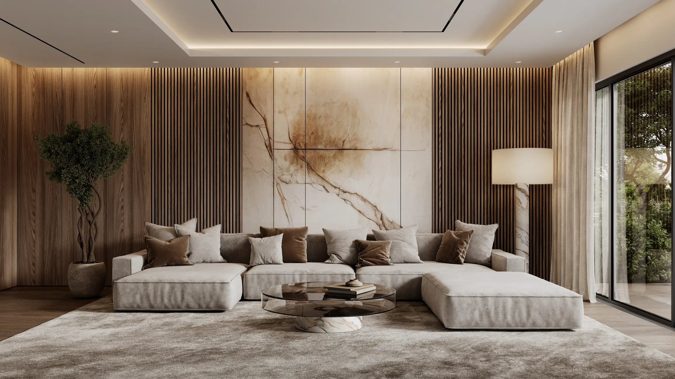 Modern living room with a large beige sectional sofa, glass coffee table, abstract wall art, floor lamp, potted plant, and floor-to-ceiling windows with beige curtains.