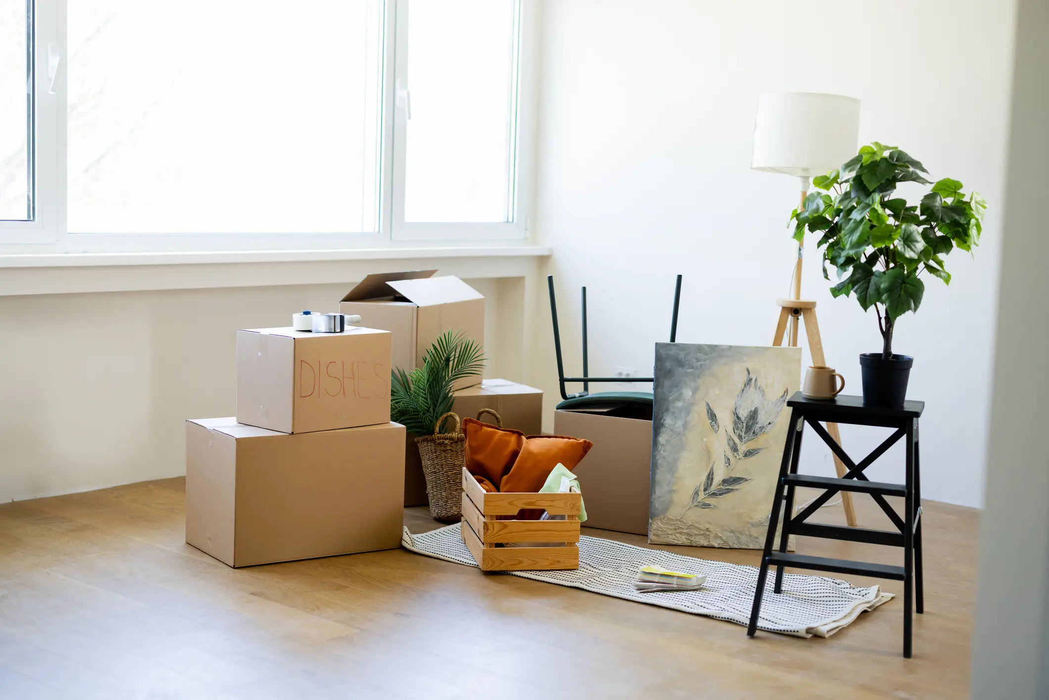 A room with moving boxes, a lamp, a potted plant, a small table, a crate, a rolled rug, and a framed picture arranged on a wooden floor near a large window.