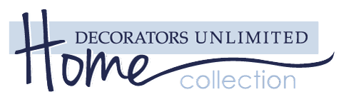 Decorators Unlimited Home Collection logo with “Decorators Unlimited” in uppercase and “Home collection” in script and lowercase fonts on a blue and white background.