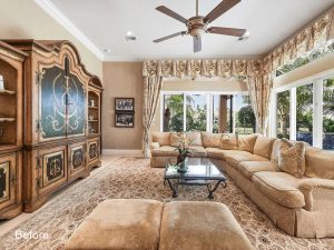 A living room with couches and a table