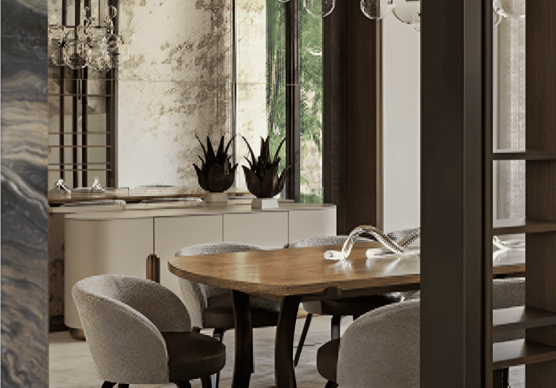 Modern dining room with a wooden table, four upholstered chairs, a sideboard with decorations, large mirrors, and glass pendant lights. Natural light enters through tall windows.