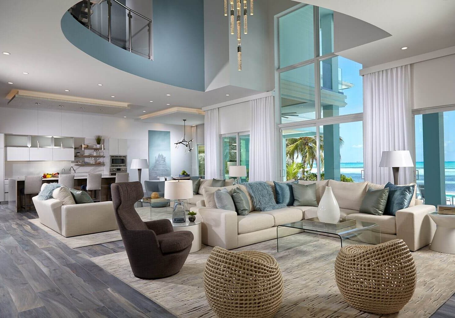 A living room with a large couch and chairs