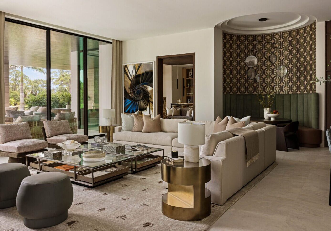 Living room filled with furniture such as a sofa set with cushions, chairs, stools, tables, decors, houseplants