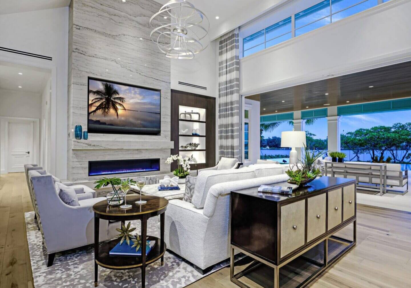 A living room with a couch and fireplace