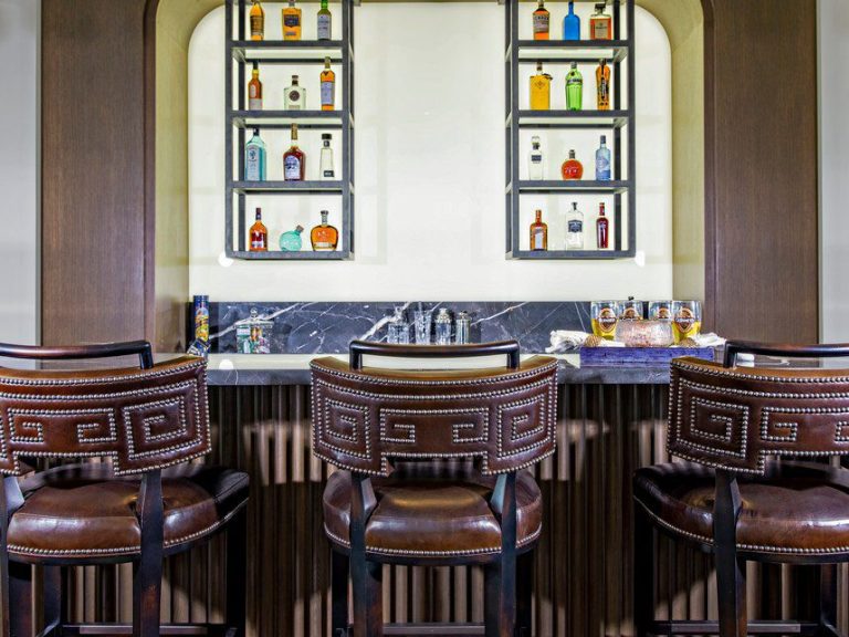 A bar with several chairs and shelves of liquor.
